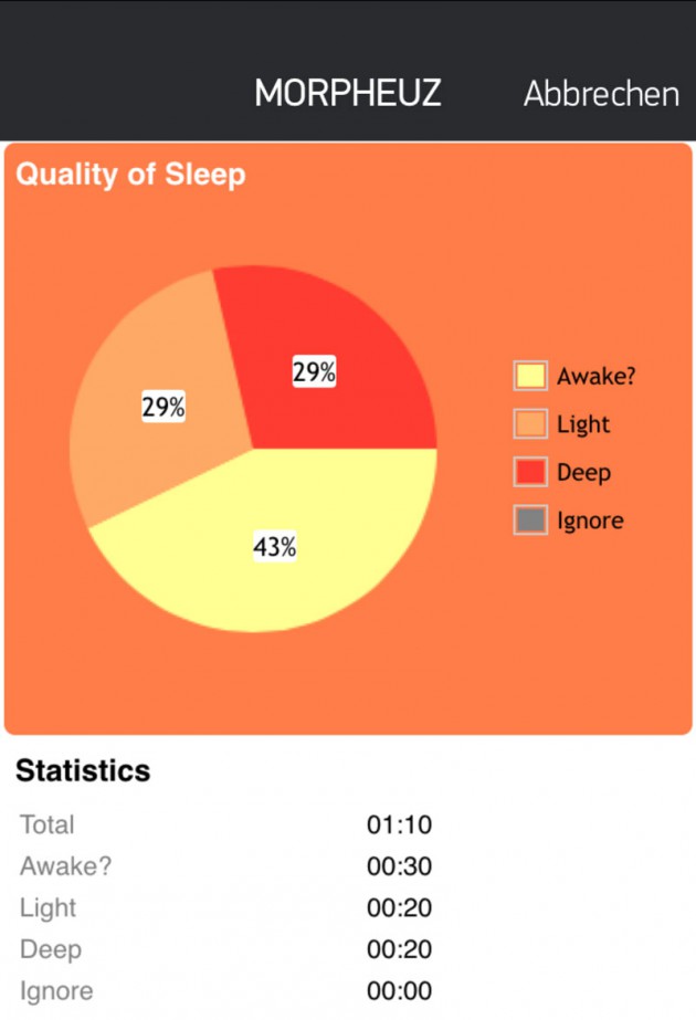 In der Pebble-App lässt sich unter Morpheuz das "Schlafergebnis" nachvollziehen.