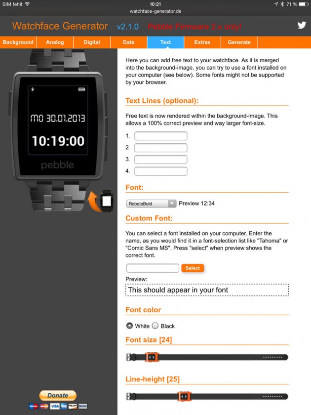 Ziffernblätter für Pebble im Selbstbau funktioniert mit dem Watchface-Generator im Smartphone-Browser