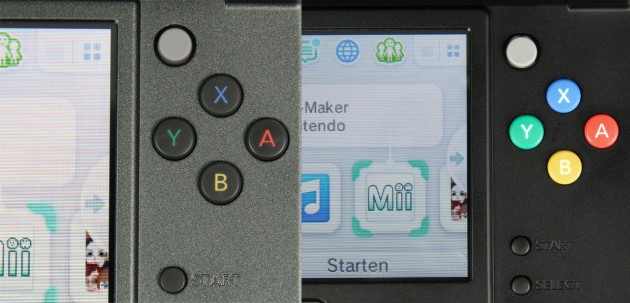 Links die Tasten vom 3DS XL, auf der rechten Seite die farbigeren Bedienelemente vom 3DS.