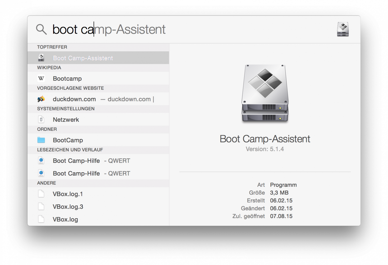 Der Apple Boot Camp-Assistent hilft bei der Windows-Installation. Man startet ihn einfach über die Systemsuche Spotlight.