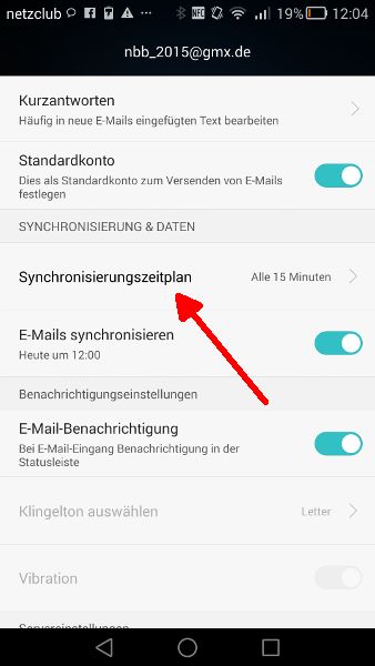 Schritt 5 Mail-Synchronisierung Synchronisierungszeitplan aufrufen