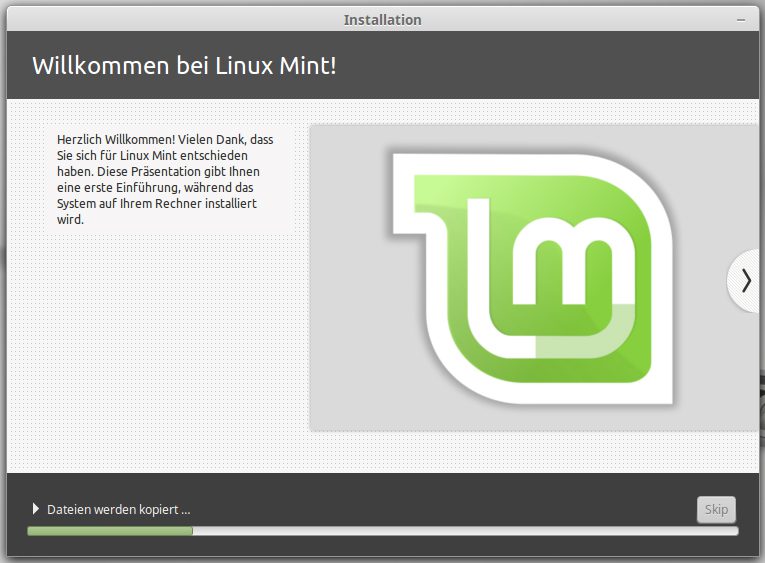 Installation von Mint Linux läuft an