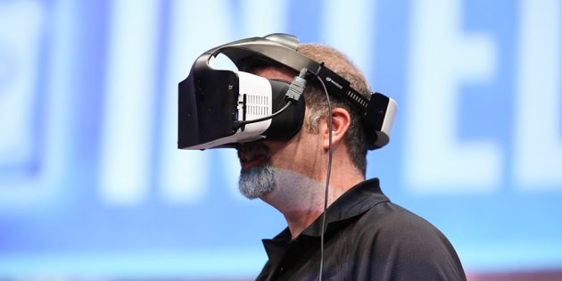 Intel’s Craig Raymond displays the Project Alloy virtual reali