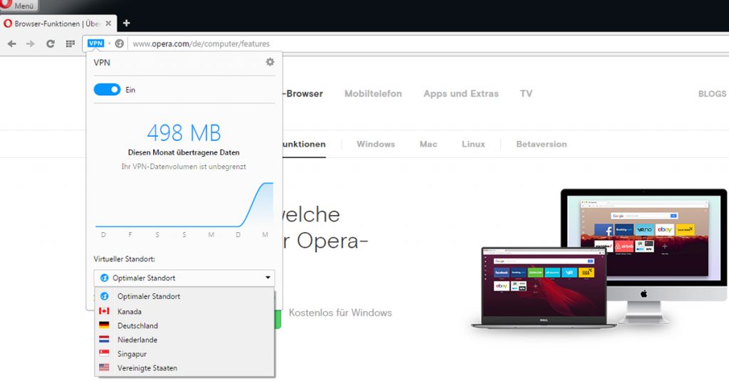 Opera-Browser ab Version 40 mit kostenfreiem und unlimitiertem VPN-Service