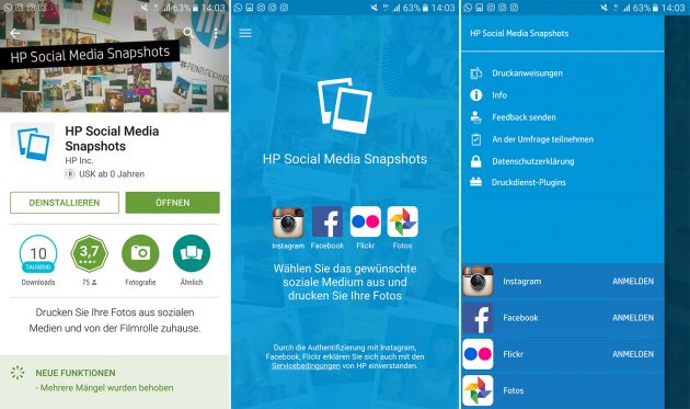 Die Benutzeroberfläche der App HP Social Media Snapshots