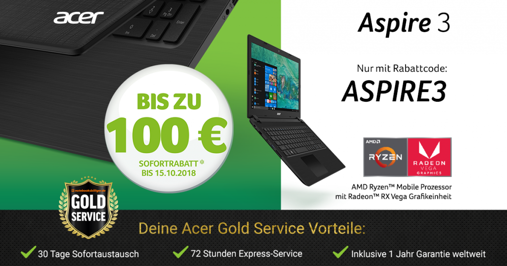 Erhalte jetzt bis zu 100 € Sofortrabatt auf ausgewählte Acer Aspire 3 Modelle mit AMD Ryzen™ Prozessor