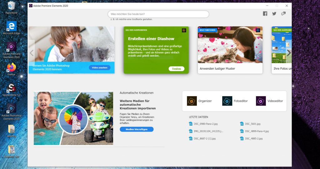 Adobe Photoshop Elements 2020 ; Startbildschirm