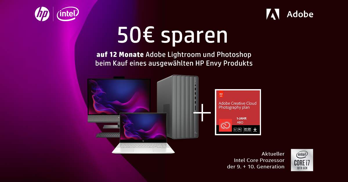 Ausgewähltes HP ENVY-Produkt kaufen und beim Adobe Creative Cloud Foto-Abo sparen