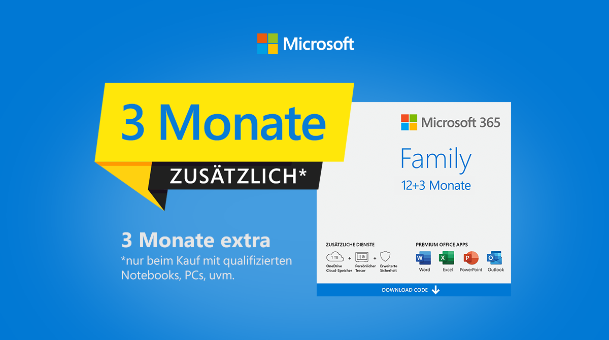 Microsoft 365 Family: 3 Monate gratis beim Kauf eines qualifizierten Artikels
