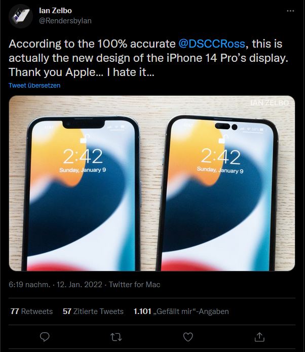 Ian Zelba via Twitter Apple iPhone 14 Notch mock Up Leak unverified