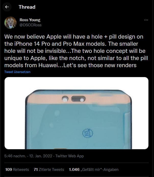 Ross Young via Twitter Apple iPhone 14 Notch mock Up Leak unverified