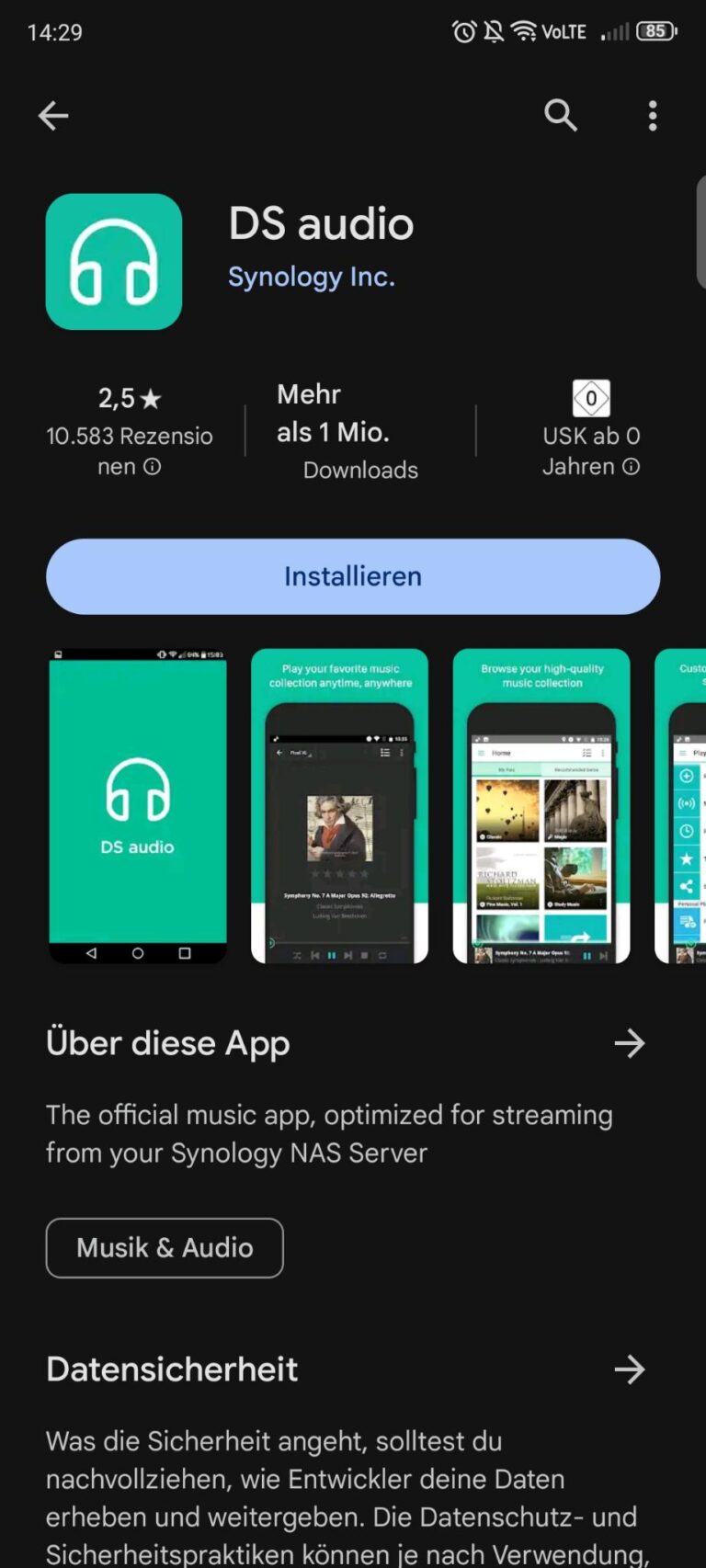 Wechsel auf dein Smartphone und suche im Google Play Store nach der App „DS audio“.