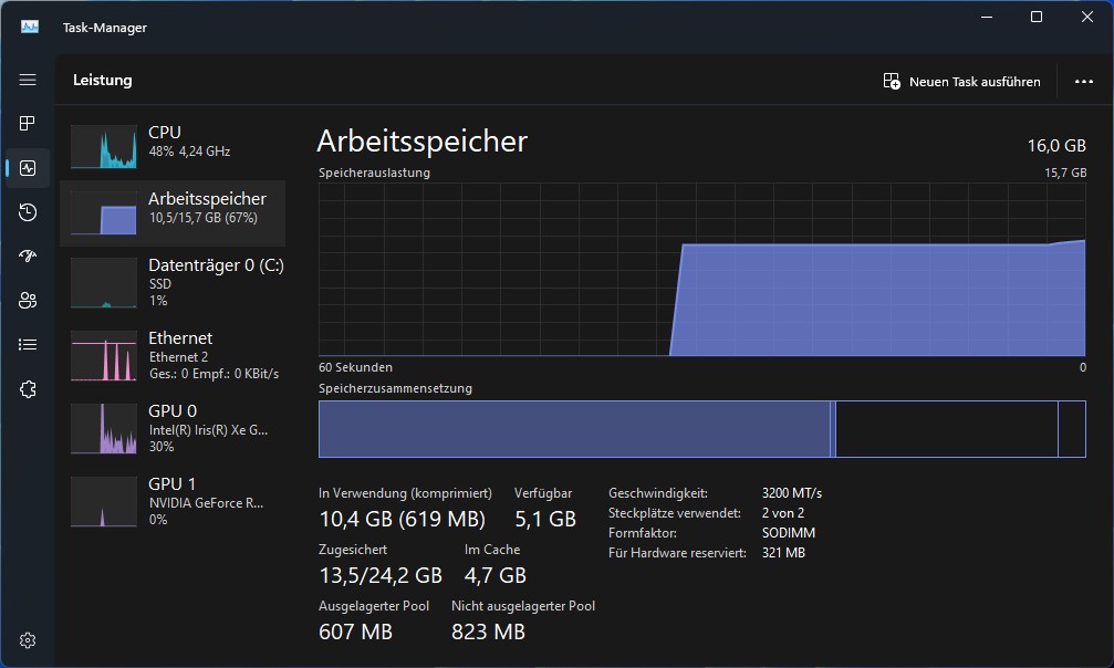 Im Task-Manager kannst du die Auslastung deines Arbeitsspeichers einsehen.