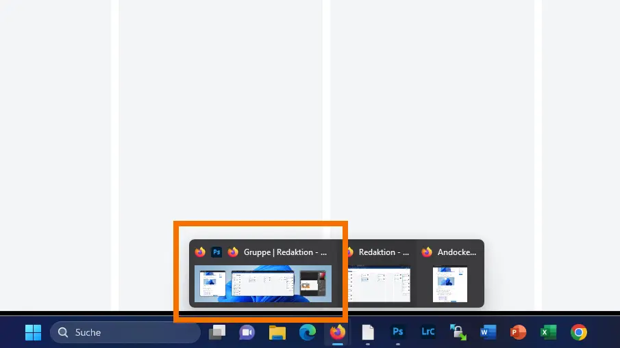 Windows 11 speichert aktuell ausgeführte Anordnungen automatisch als Gruppe. Die lässt sich über die Taskleiste wieder aufrufen.