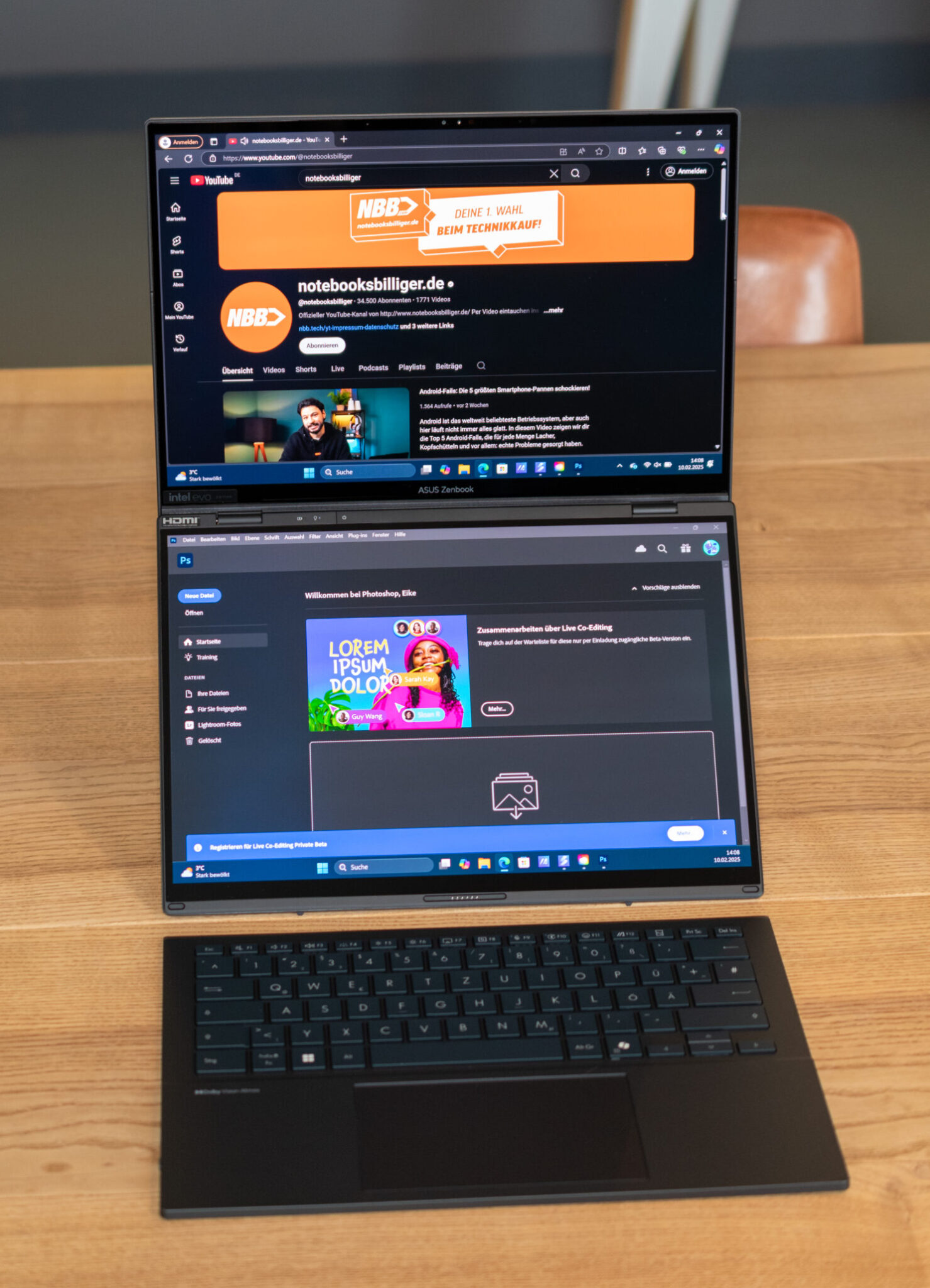 Das Bild zeigt ein aufgestelltes ASUS Zenbook DUO von vorne