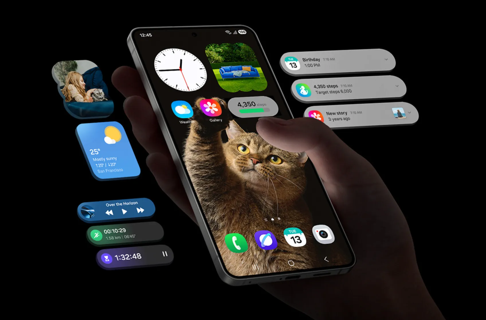 stilistische Darstellung der Software und KI-Funktionen des Galaxy S25 Edge mit OneUI 7