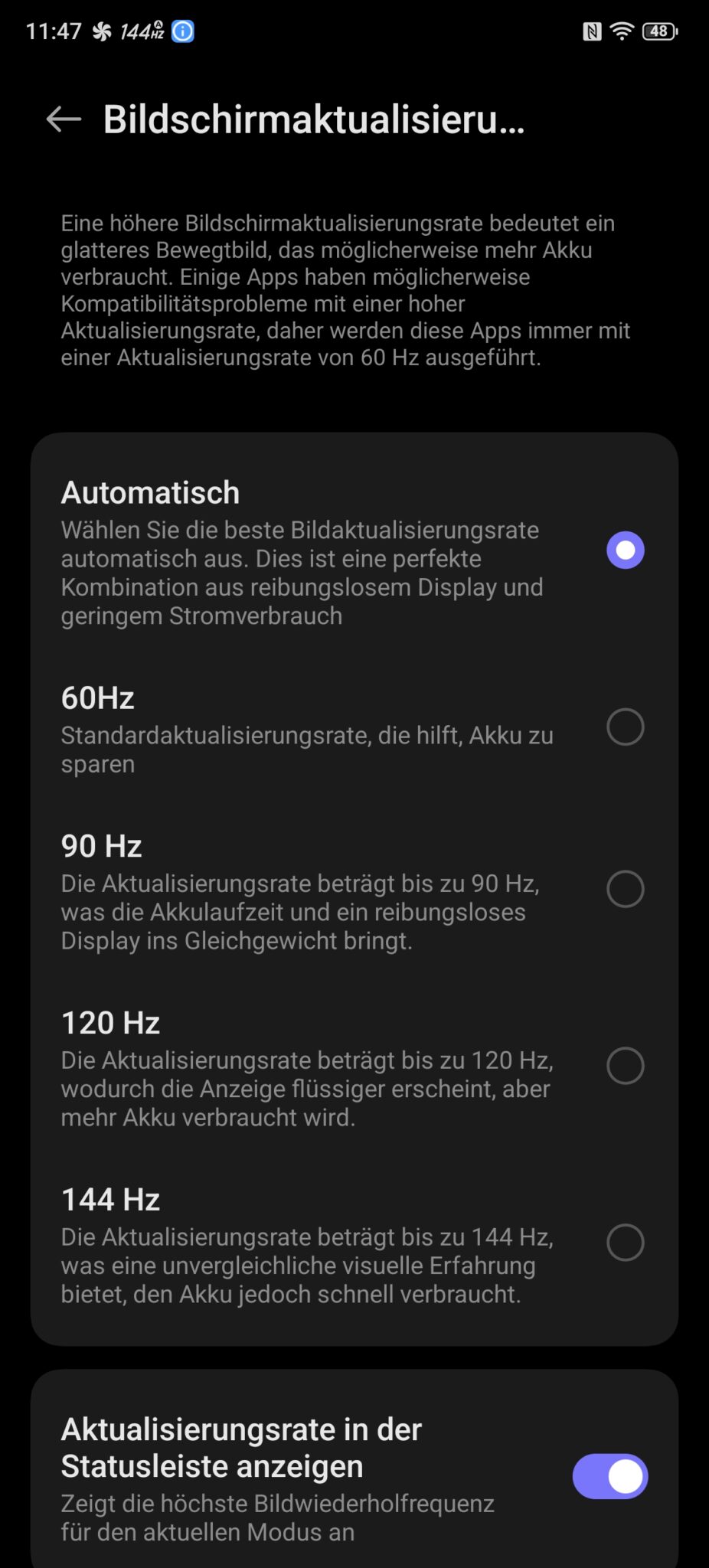 Screenshot Einrichtung Bildwiederholrate