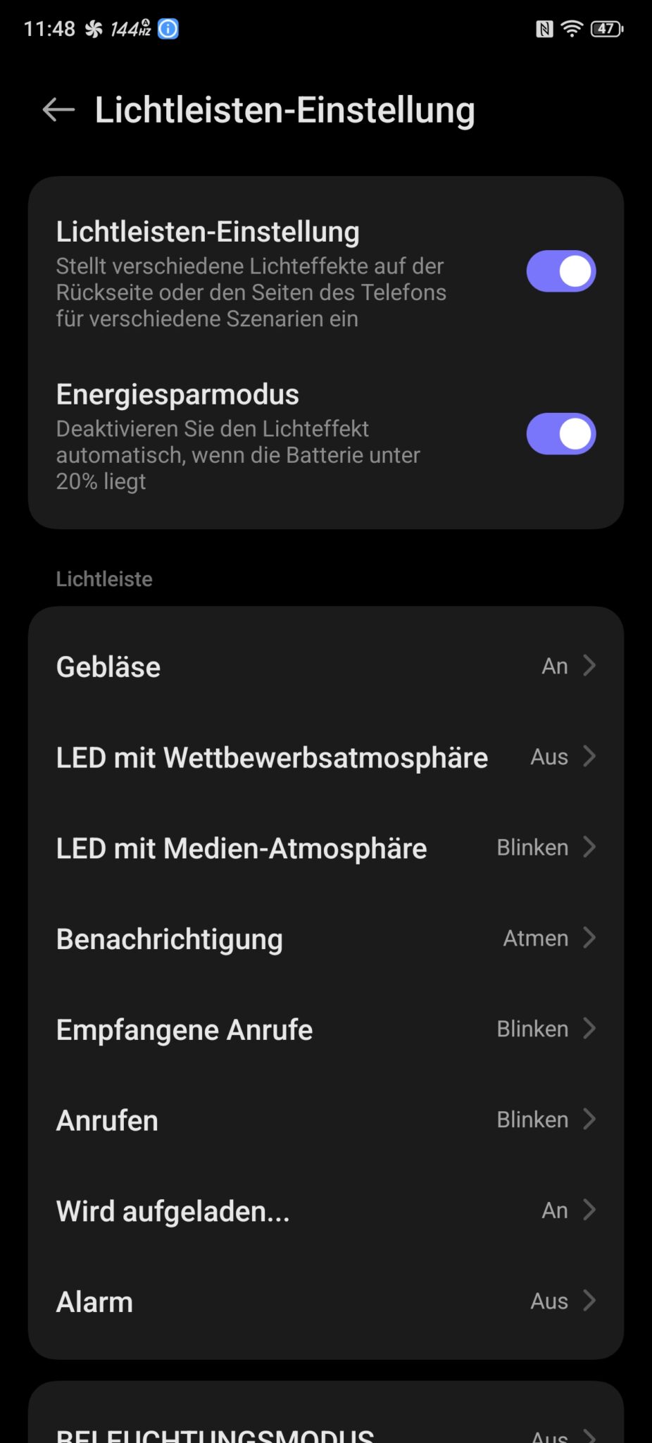 Screenshot Lichtleisten-Einstellung